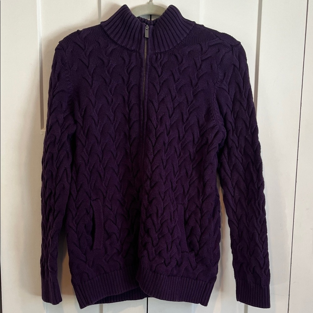 Land’s End Drifter Full Zip Purple Cable knit Sweater Medium 100% cotton